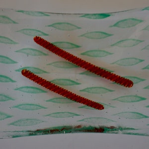 May include: A white glass dish with a green and white pattern. The dish has a red border and two orange, spiral-shaped pieces of glass inside.