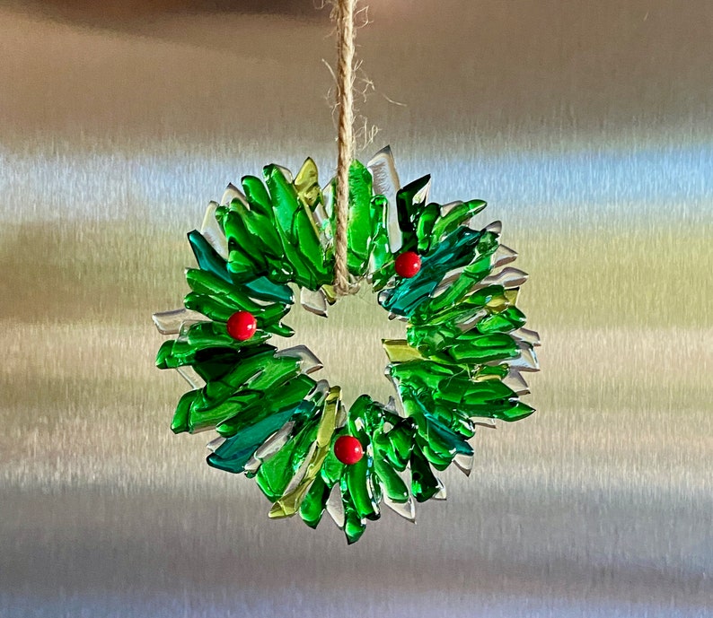 Fused glass wreath Christmas ornament green/clear/red wreath stocking stuffer image 3