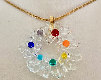 Christmas wreath pendant - fused glass - clear glass with rainbow/multicolor glass berries