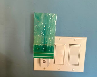 Fused Glass nightlight - contemporary unique in teal/jade green with some white  and clear glass with or without iridized sprinkle glass