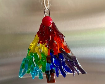 Fused glass Christmas tree ornament in rainbow colored glass