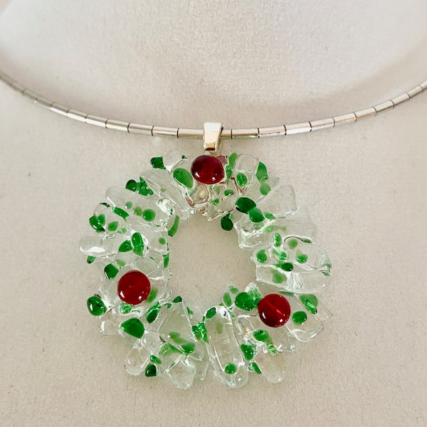 Christmas wreath pendant in fused Glass - base made with clear transparent glass , sprinkle of  green frit and red berries