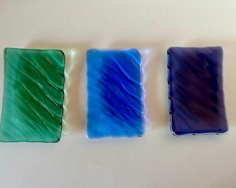 Fused Glass wave soap dish/ trinket dish tealigth holder in transparent blue, purple, green or gray