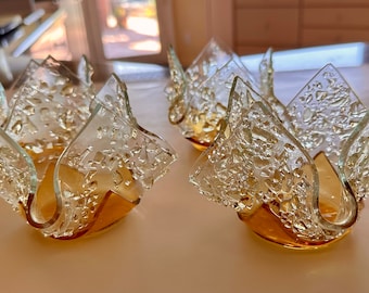 Fused glass candle holder in amber with crushed glass