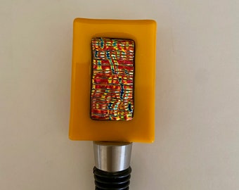 Fused Glass Wine Bottle Stopper - beautiful intense yellow orange with dichroic reddish accent