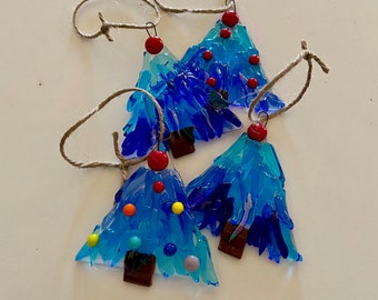 Fused Glass Blue Christmas Tree Ornament with red, rainbow or no berries