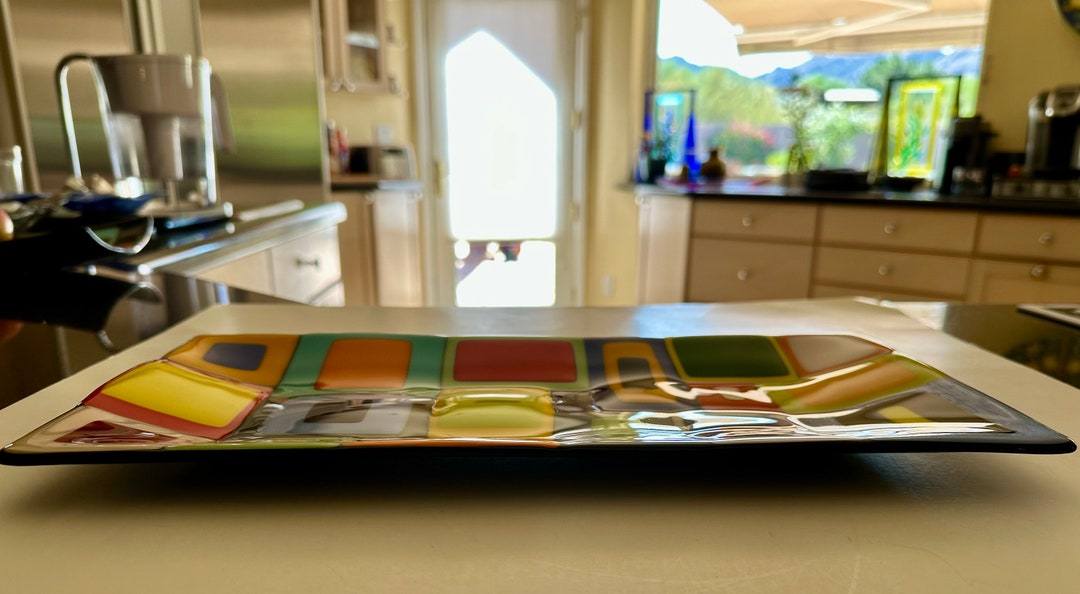 Image showcasing Fused Glass Opaque Bright Multicolor Carnival Platter - Etsy