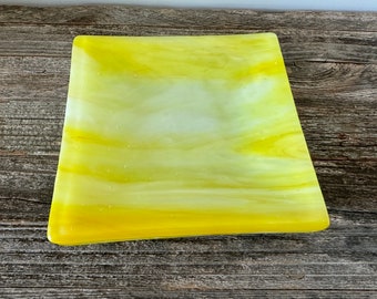 2 - Fused glass yellow with white and little streaks of peach dessert/appetizer plates