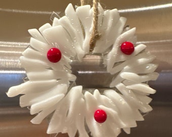 Fused glass wreath Christmas ornament in White and clear with  red berries stocking stuffer
