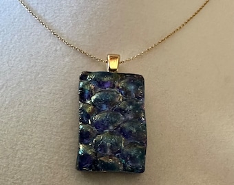 Gorgeous dichroic pendant in peacock blue and purple iridescent colors - 1.0 inch X 1/2 inch