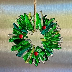 Fused glass wreath Christmas ornament green/clear/red wreath stocking stuffer image 1