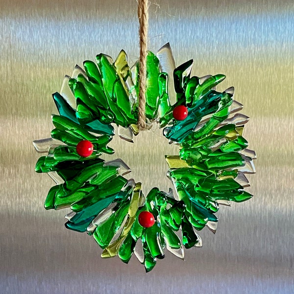 Fused glass wreath Christmas ornament  - green/clear/red wreath stocking stuffer