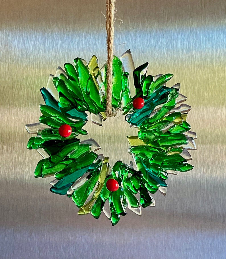 Fused glass wreath Christmas ornament green/clear/red wreath stocking stuffer image 1