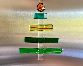 Fused Glass contemporary unique Christmas ornament - different shades of green with some red