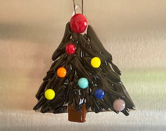 Fused Glass Christmas tree ornament in black glass with rainbow berries