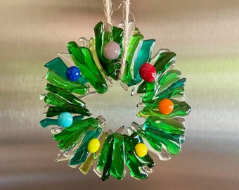 Fused Glass Wreath ornament - green/clear with rainbow berries wreath stocking stuffer