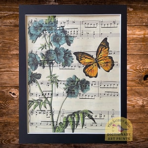 Vintage sheet music print: blue flowers & butterfly
