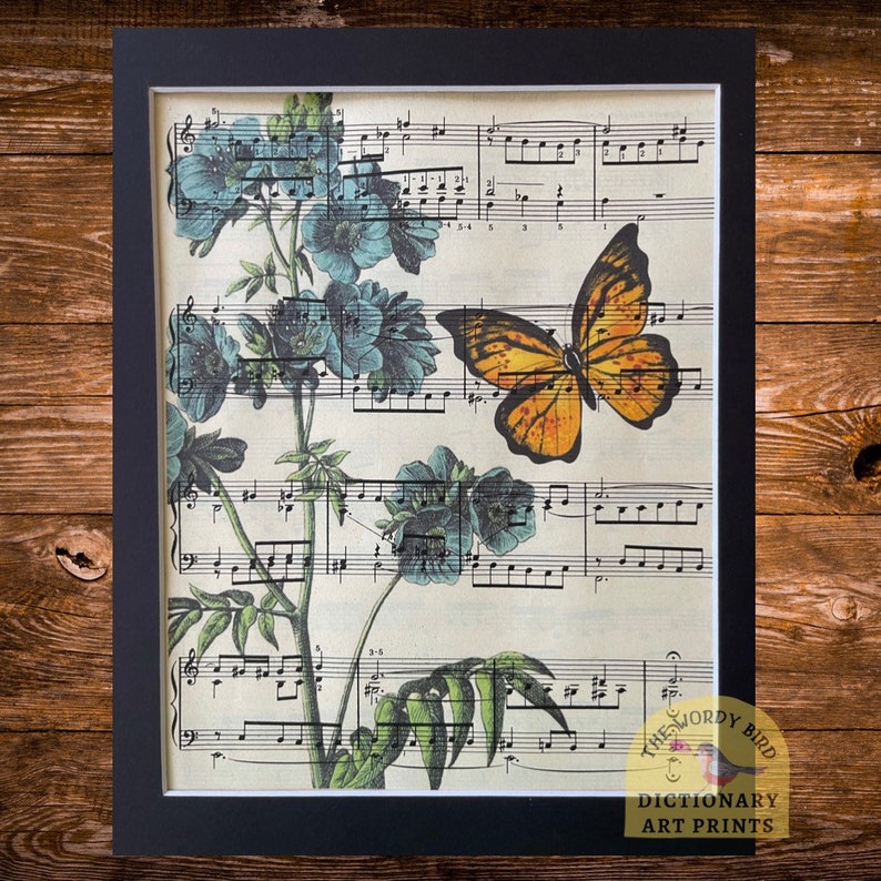 Vintage Sheet Music Print: Blue Flowers & Butterfly - Etsy