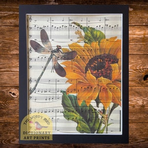 Vintage Sheet Music Print: dragonfly & sunflower
