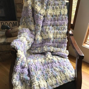 Chunky Knit Blanket: Violet Blue Chenille Throw, Hand Crocheted in USA
