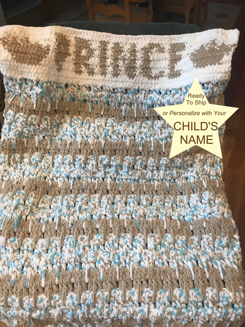 Teal Blue Tan Chenille Ready To Ship Modern Lap Throw Baby Customizable Boy Prince Blanket Chunky Toddler Kid Crochet Handmade Afghan