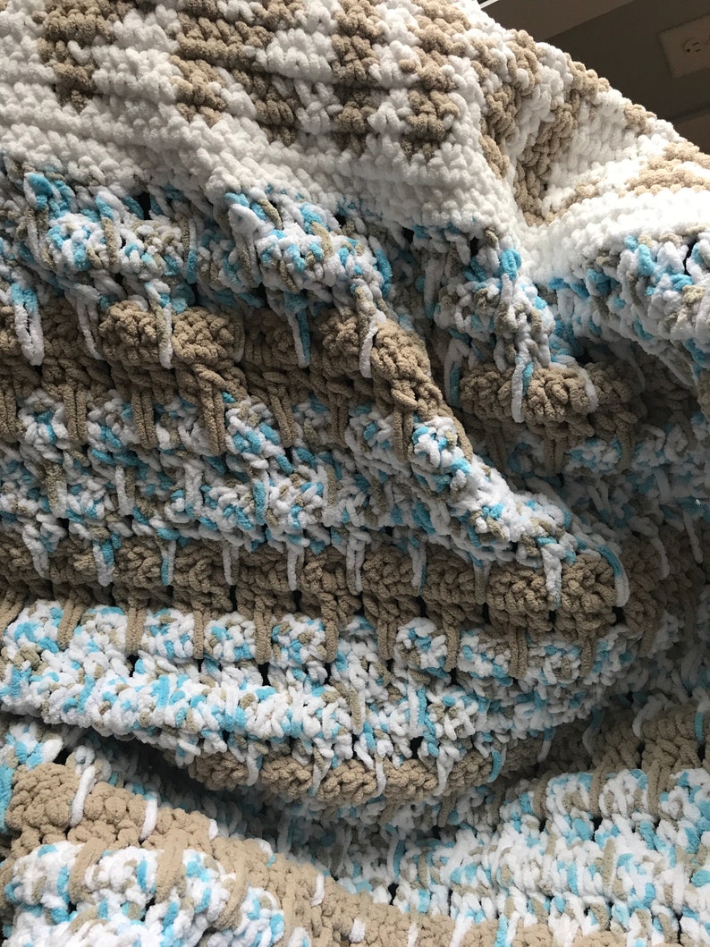 Teal Blue Tan Chenille Ready To Ship Modern Lap Throw Baby Customizable Boy Prince Blanket Chunky Toddler Kid Crochet Handmade Afghan