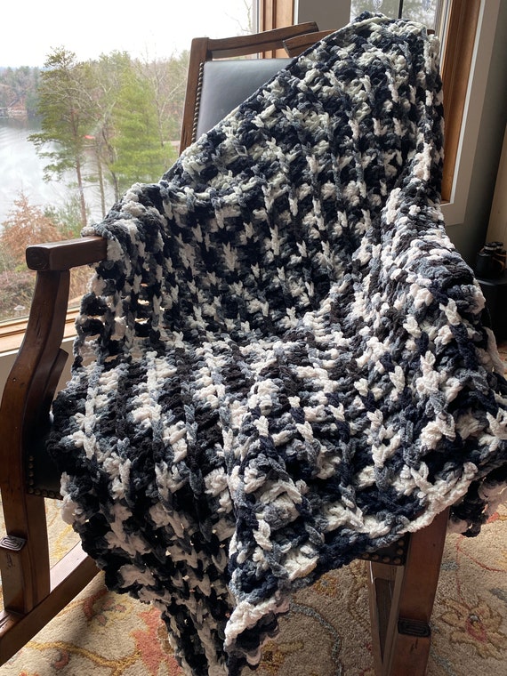 Rib Textured Knit Blanket Ready to Ship Minimalist Throw Hand Crocheted in USA Black Gray White Soft Chunky Chenille Large 64 X 44 Etsy