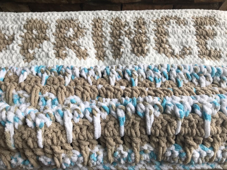 Teal Blue Tan Chenille Ready To Ship Modern Lap Throw Baby Customizable Boy Prince Blanket Chunky Toddler Kid Crochet Handmade Afghan
