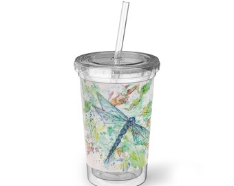 Watercolor Dragonfly Acrylic Cup | Floral Nature Pattern, Reusable Tumbler