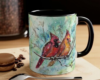 Red Cardinal Bird Pair, Coffee Mug 11oz, Watercolor Print, Original Painting by Sherrie, Christmas Holiday, Her, Gift for Mom, Bird Lovers