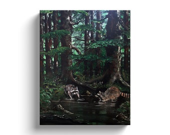 Raccoon Families Deep Woods Print Canvas Wrap