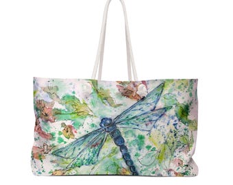 Blue Dragonfly Weekender Bag | Watercolor Floral Travel Tote