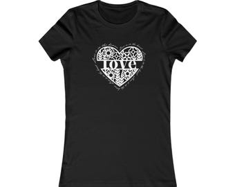 Love Heart Floral tee | Women's fitted t-shirt, white ornate heart design
