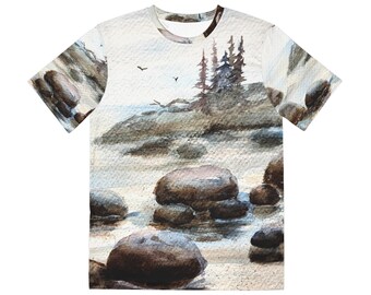 Watercolor Rocky Shore Tee | Ocean Landscape All-Over Print