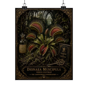 May include: A botanical print featuring a Venus flytrap with red and green leaves, a glass apothecary bottle labeled Extractum Dionaea Muscipula, a book titled Venenum in Venustate with a skull, and a key, all within an ornate gold frame.