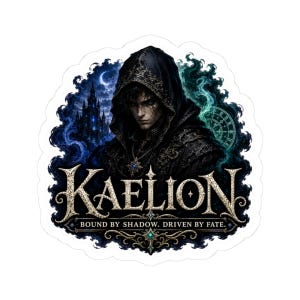 May include: A sticker featuring a detailed illustration of a figure in a black hooded cloak with the word "Kaelion" in ornate lettering. The background includes a castle, moon, and the text "BOUND BY SHADOW. DRIVEN BY FATE."