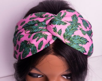 Pink palm print crepe turban twisted turban headband Stretch