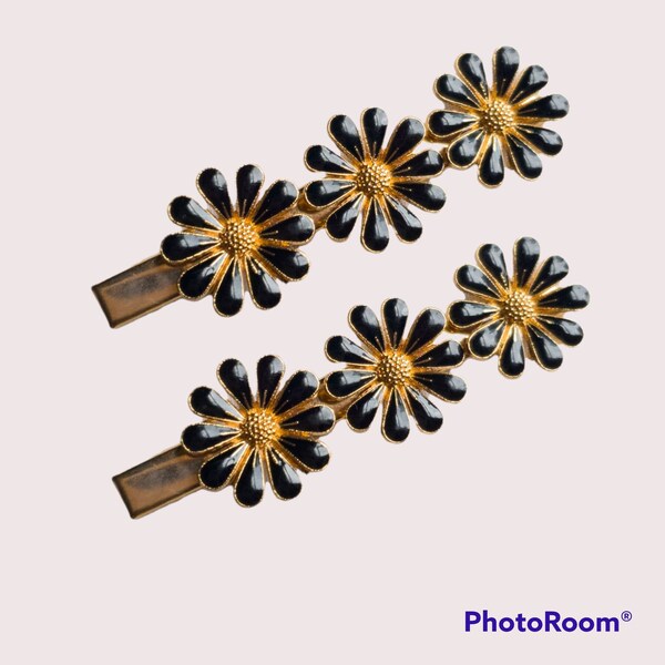 Daisy Flower Hair Clips émail noir et or set de 2