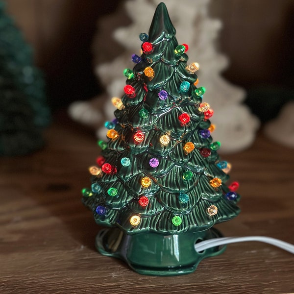 Ceramic Christmas Tree with lights - 7" Tall - Shiny Green Tree - Handmade in Maryland