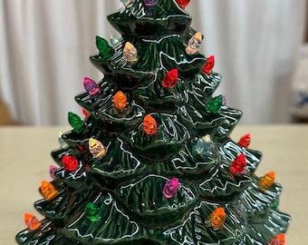 Ceramic Christmas Tree with lights - 8" Tall - Shiny Green Tree - Handmade in Maryland