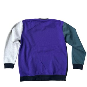 Puede incluir: Una sudadera de color bloque morado, gris y verde con mangas largas y cuello redondo.