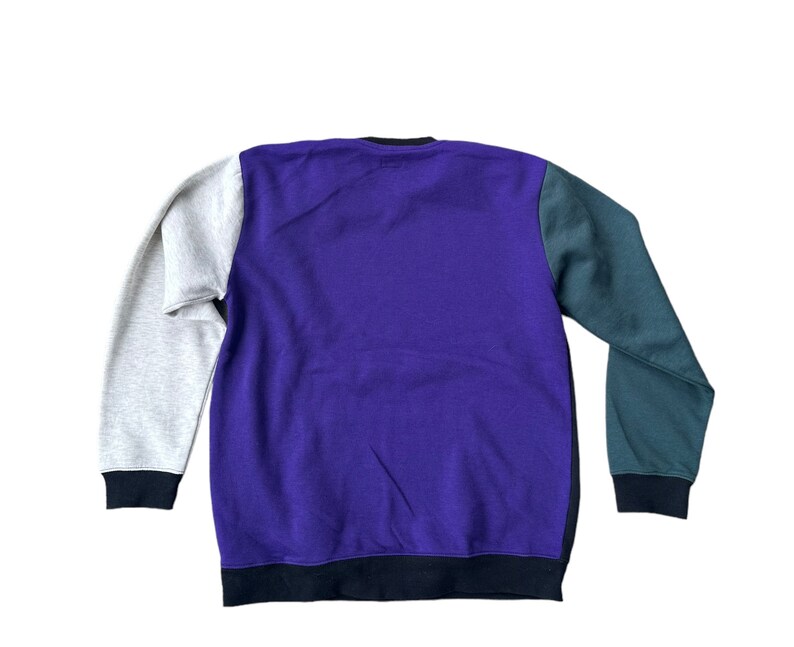 Puede incluir: Una sudadera de color bloque morado, gris y verde con mangas largas y cuello redondo.
