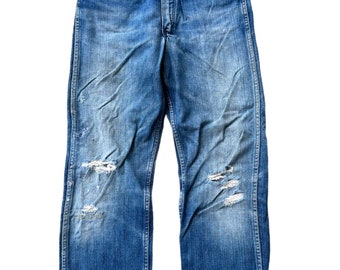 Vintage 50s Wrangler blue bell distressed jeans zip conmar