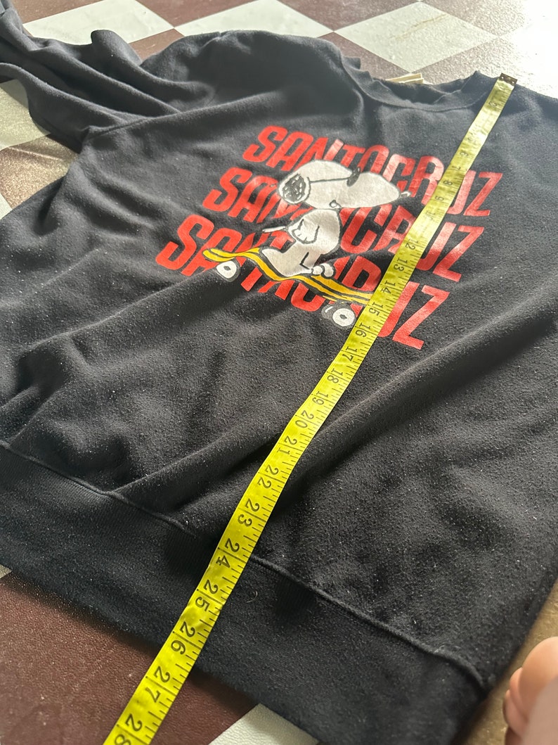 May include: Black sweatshirt with a graphic of Snoopy skateboarding and the text "Santa Cruz" repeated three times.