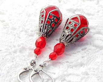 Red Beaded Earrings- Antiqued Silver Ox Earrings- Morning Glory Designs