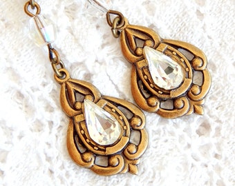 Ice Crystals- Swarovski Rhinestone Drop Earrings in Antiqued Brass- Morning Glory Designs