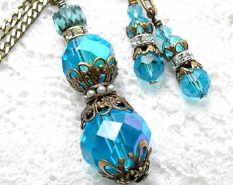 Aquamarine Czech Glass Perfume Bottle Style Pendant and Earring Set - Antiqued Brass- Morning Glory Designs