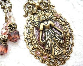 Rose Angel - Glitter Resin and Antiqued Brass Necklace and Earring Set- Morning Glory Designs