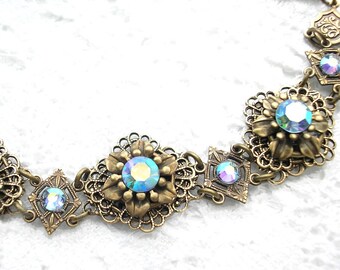 Light Sapphire AB Swarovski Crystal Bracelet in Antiqued Brass Vintage Victorian Style Bracelet- Morning Glory Designs