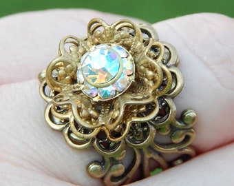 Crystal Aurora Borealis Ring- Antiqued Brass Filigree Ring- Morning Glory Designs